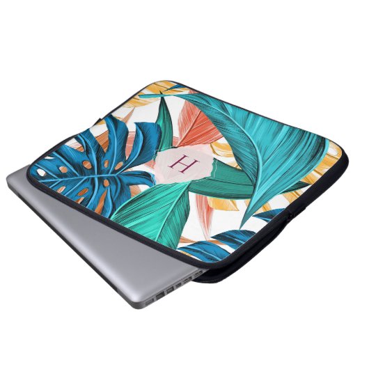 Cooles tropisches Muster mit Monogramm Laptop-Sieb Laptopschutzhülle (Vorne Knopf)