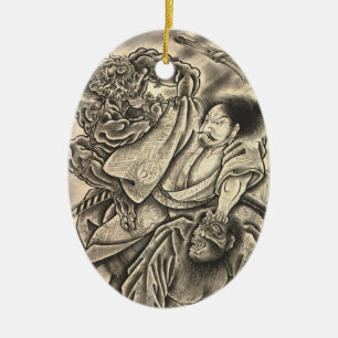 Cooles vintage japanisches Samurai-Dämonenkampf-Ta Keramikornament