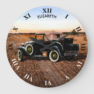 Cooles Vintages Retro Auto im Rosa und im Große Wanduhr