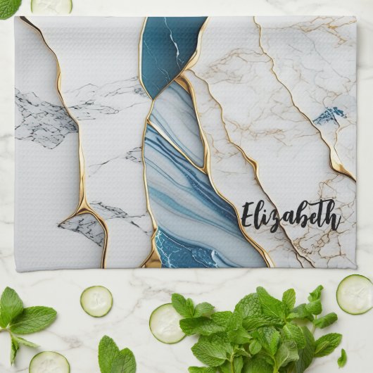 Cooles weißes türkisfarbenes Marmorgestein Geschirrtuch (Gefaltet)
