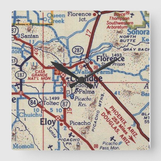 Coolidge Arizona Vintage Karte Quadratische Wanduhr (Vorderseite)