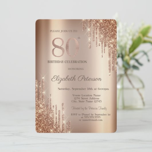 Cooper Glitzer Tropfen 80. Geburtstag Einladung (Stehend Vorderseite)