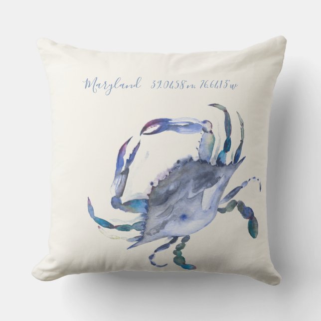 Coordinated Watercolor Coastal Blue Crab Map Kissen (Vorderseite)