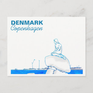 Copenhagen Little Mermaid Zeichnend Blue Postkarte