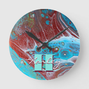 Copper and Teal Acrylic Flow Art Runde Wanduhr
