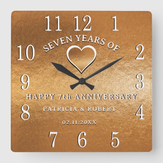 Copper Anniversary 7 Year Wedding Anniversary Gift Quadratische Wanduhr (Vorderseite)