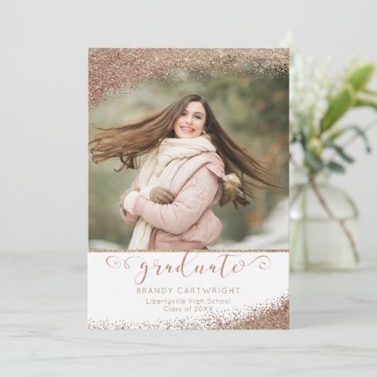 Copper Blush Gold Glitzer Elegantes Script Graduat Einladung (Stehend Vorderseite)