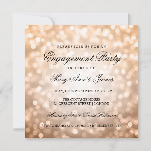 Copper Bokeh Lights Elegante Engagement Party Einladung (Vorderseite)