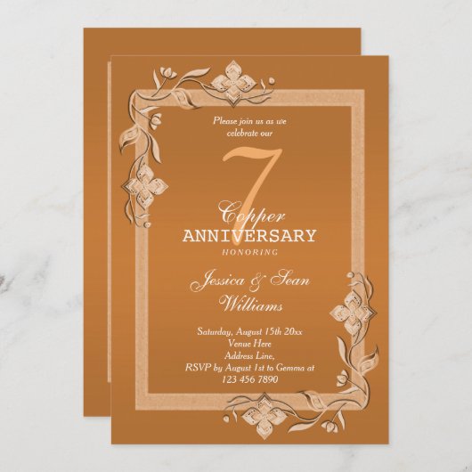 Copper Gem & Glitzer 7. Hochzeitstag Einladung (Vorne/Hinten)