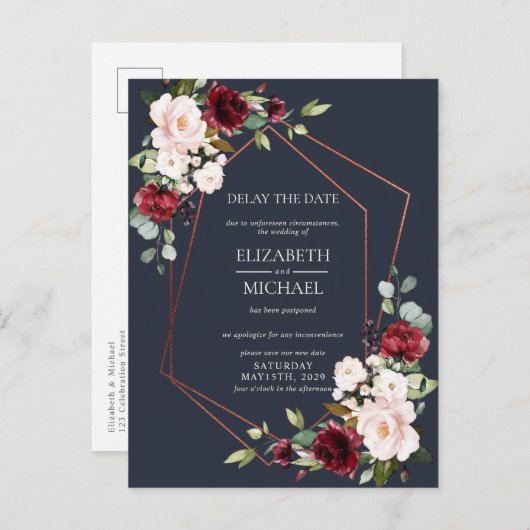Copper Geometric Burgundy Blue Delay Datum Ankündigungspostkarte (Vorne/Hinten)