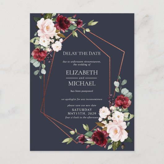 Copper Geometric Burgundy Blue Delay Datum Ankündigungspostkarte (Vorderseite)