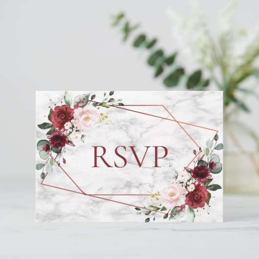 Copper Geometric Burgundy Marble Wedding RSVP (Stehend Vorderseite)
