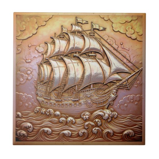 Copper Metallic Iridescent Sailing Ship ID1223 Fliese (Vorderseite)