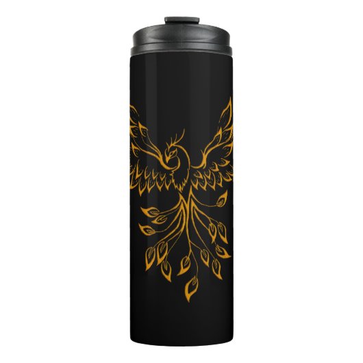 Copper Phoenix steigt auf schwarz Thermosbecher (Vorderseite)