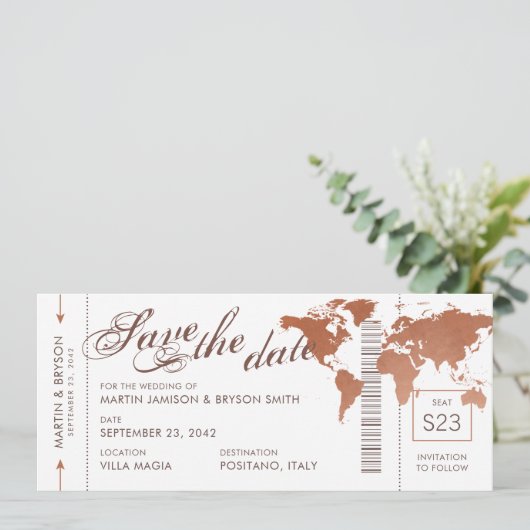 Copper World Map Boarding Pass Rett Date Card Ankündigung (Stehend Vorderseite)