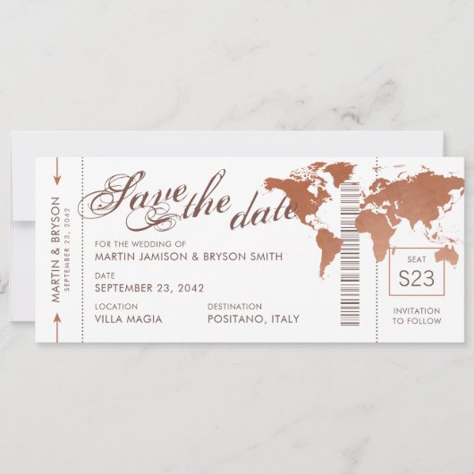 Copper World Map Boarding Pass Rett Date Card Ankündigung (Vorderseite)