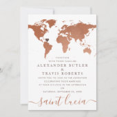 Copper World Map Hochzeit in Urlaubsort Einladung (Vorderseite)