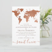 Copper World Map Hochzeit in Urlaubsort Einladung (Stehend Vorderseite)