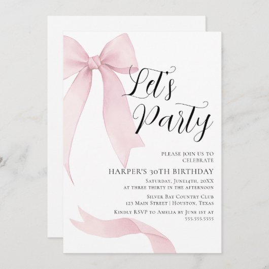Coquete pink bow Birthday party Einladung (Vorne/Hinten)