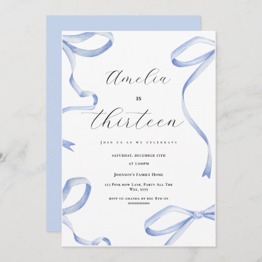 Coquette 13. Party Girl Blue Bow Elegantes Ribbon Einladung (Vorne/Hinten)