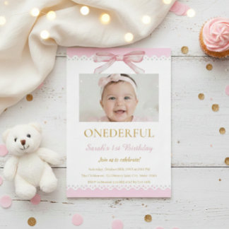 Coquette 1st Birthday Invitations Pink Bow Girl Einladung