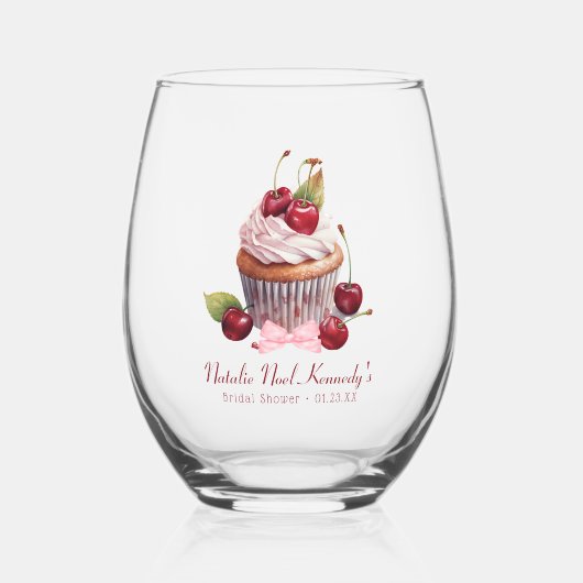Coquette Aesthetic Pink Bow Cherry Personalized Weinglas Ohne Stiel (Vorderseite)