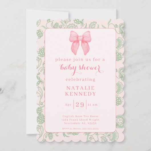 Coquette Aesthetic Pink Bow Sage Green Baby Girl Einladung (Vorderseite)