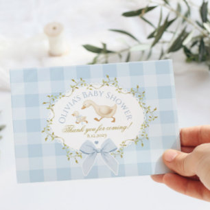 Coquette Alberne Gans Blaue Gingham-Baby-Party Dankeskarte