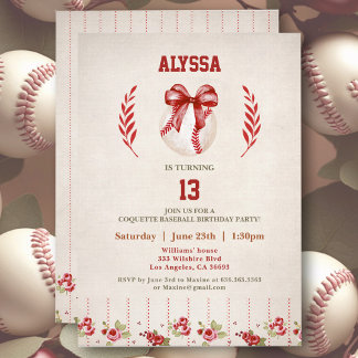 Coquette Baseball Red Bow Floral Vintag Geburtstag Einladung