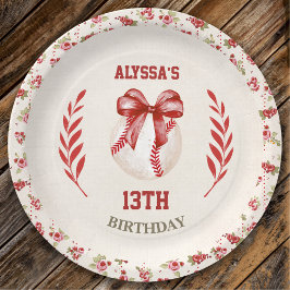 Coquette Baseball Red Bow Floral Vintag Geburtstag Pappteller