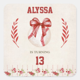 Coquette Baseball Red Bow Floral Vintag Geburtstag Quadratischer Aufkleber