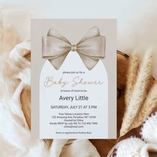 Coquette Beige Bow Modern Boho Babydusche Einladung