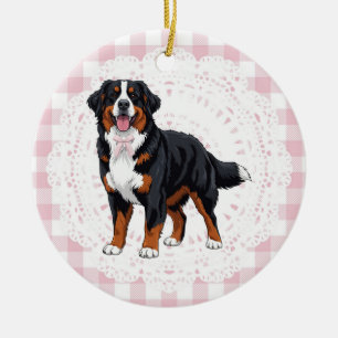 Coquette Berner Sennenhund rosa Gingham-Schleifen Keramik Ornament