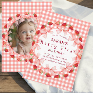 Coquette Berry Erster Geburtstag Rot Gingham Foto Einladung