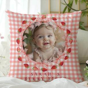 Coquette Berry Erster Geburtstag Rot Gingham Foto  Kissen