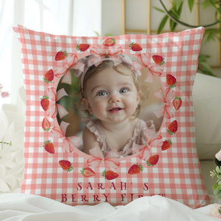 Coquette Berry Erster Geburtstag Rot Gingham Foto Kissen