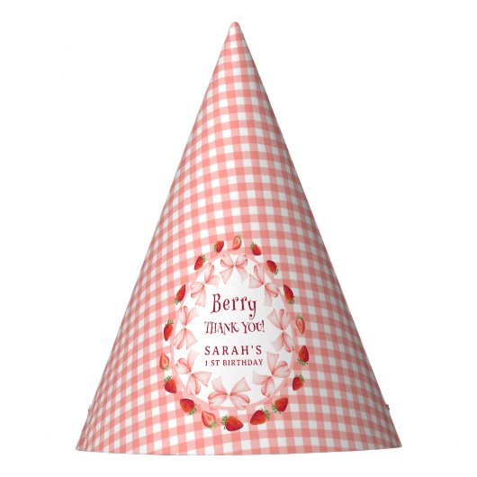 Coquette Berry Erster Geburtstag Rot Gingham Partyhütchen (Vorderseite)