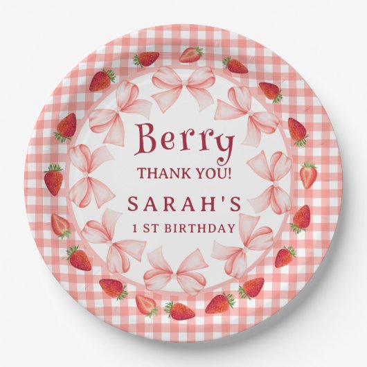 Coquette Berry First Birthday Red Gingham Pappteller (Vorderseite)
