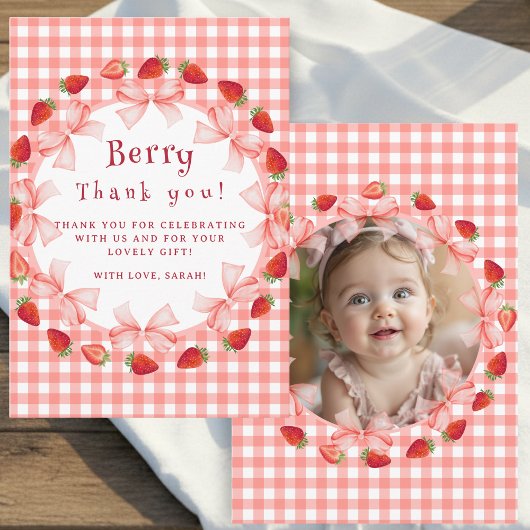Coquette Berry First Birthday Red Gingham Photo Dankeskarte