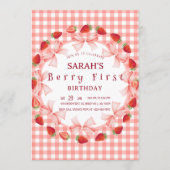 Coquette Berry First Birthday Red Gingham Photo Einladung (Vorderseite)
