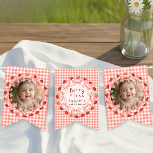 Coquette Berry First Birthday Red Gingham Photo Wimpelkette