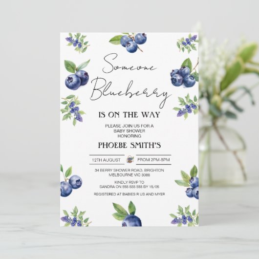 Coquette Berry Sweet Heidelbeere Babydusche Einladung (Stehend Vorderseite)