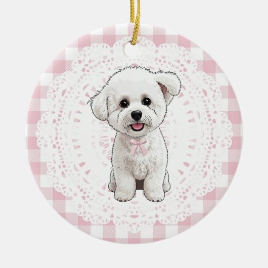 Coquette Bichon Frise Dog Pink Gingham Bows Keramik Ornament (Vorne)