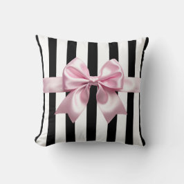 Coquette Black and White Striped Pink Bow Pillow Kissen
