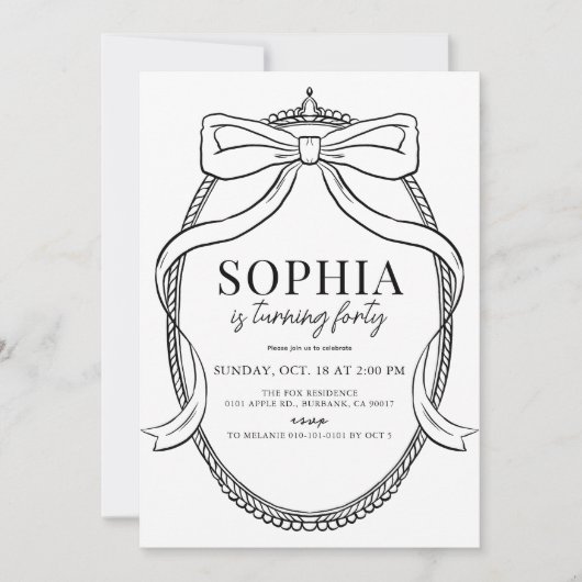 Coquette Black Bow Ribbon Rahmen Erwachsene Geburt Einladung (Vorderseite)