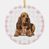 Coquette Bloodhound Dog Pink Gingham Bows Keramik Ornament (Vorne)
