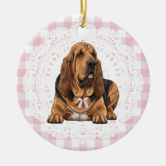Coquette Bloodhound Dog Pink Gingham Bows Keramik Ornament