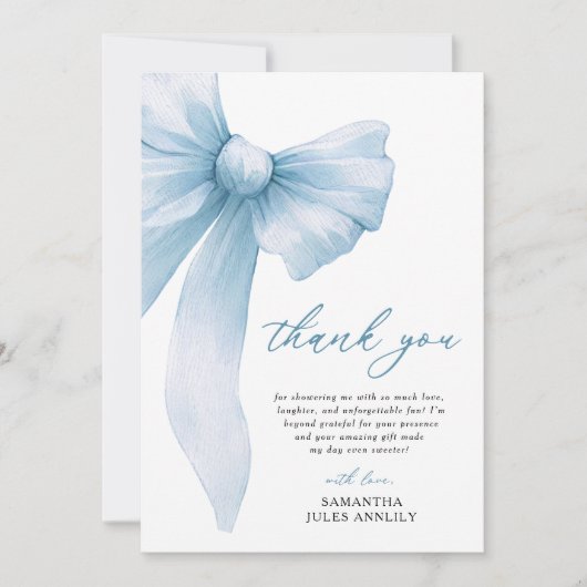 Coquette Blue Bow Brautparty Dankeskarte (Vorderseite)