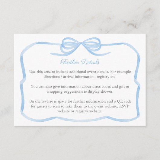 Coquette Blue Bow Polterabend Details QR-Code Begleitkarte (Vorderseite)