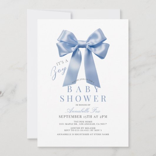 Coquette Blue Bow Ribbon Boy Baby Dusche Einladung (Vorderseite)
